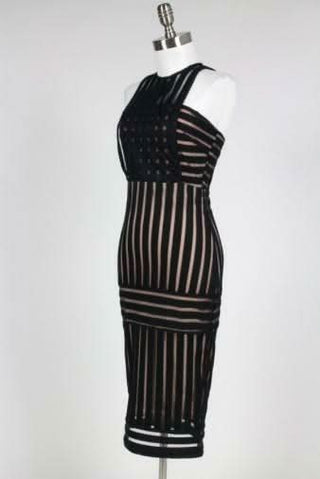 Rules of Intent Sheer Striped Black Body-Con Midi Dress side view on a mannequin