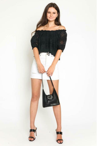 Kaylee Black Eyelet Off-the-Shoulder Crop Top - Outfit View