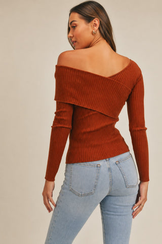 Lara Rust Ribbed Off-The-Shoulder Sweater Top - Back View