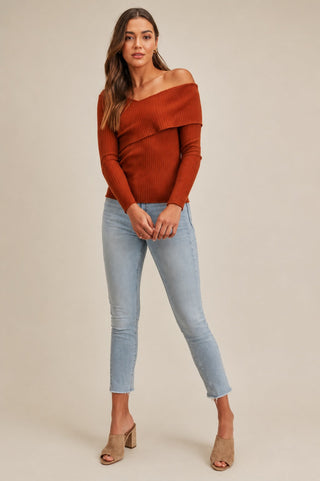 Lara Rust Ribbed Off-The-Shoulder Sweater Top - Outfit View