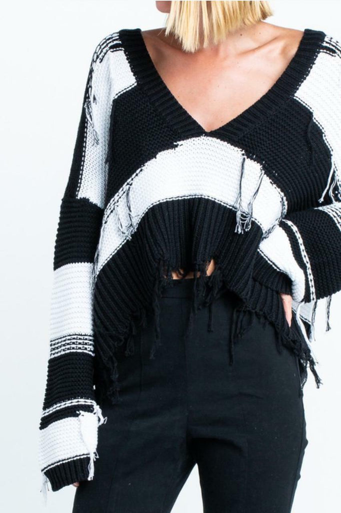 Black and White Striped Fringe Sweater 