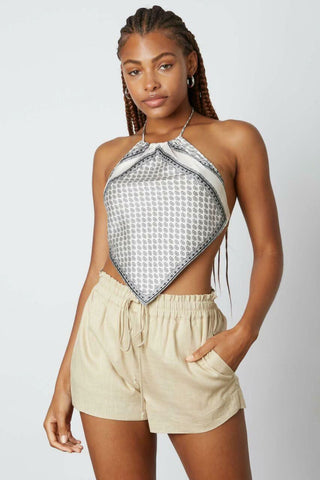 Beige smocked waist linen blend shorts front view
