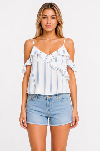 Meg White and Blue Striped Ruffle Top for Spring - Front View