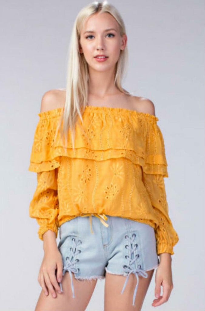 Yellow Eyelet Off-the-Shoulder Top 