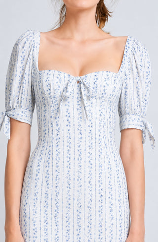 Tory White and Blue Floral Puff Sleeve Mini Dress - Detal View
