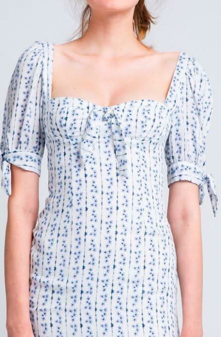 White and Blue Striped Floral Print Mini Dress