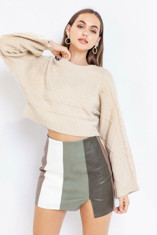 Beige Cable Knit Bell Sleeve Sweater 