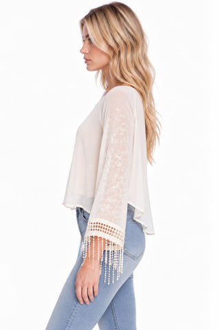 Faith and Flowers Boho Fringe Cream Top - Side View