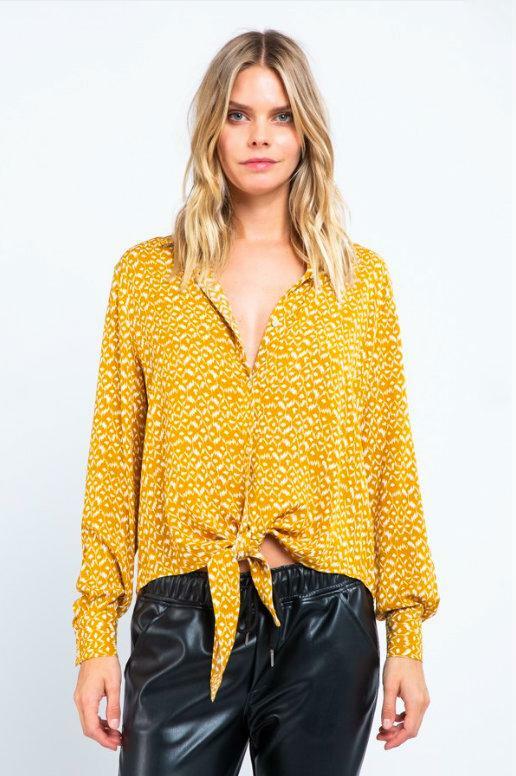 Mustard Print Tie-Front Button-Up Top 