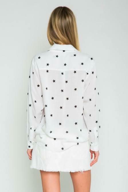 White Button-Up Star Print Tops