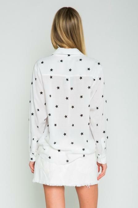 White Button-Up Star Print Tops