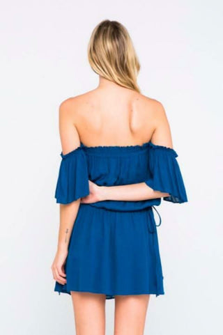 Frankie Says Aegean Blue Off-the-Shoulder Mini Dress back view