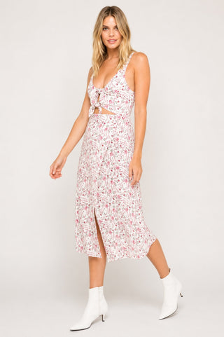 Buttercup Bouquet White Floral Double Tie-Front Sleeveless Dress - Side Angle View