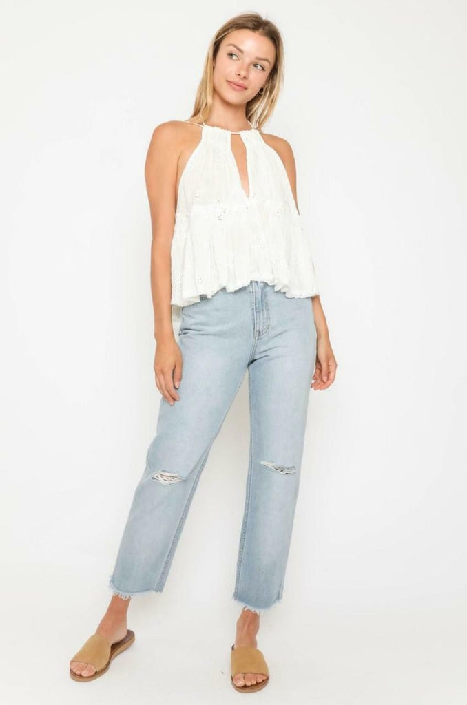 White Eyelet Ruffle Halter Top