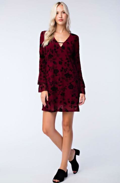 Honey Belle Wine Burnout Velvet Shift Dress Size S, Ruffle Bell Sleeves, V-Neck Honey Belle Wine Burnout Velvet Shift Dress Size S, Ruffle Bell Sleeves, V-Neck