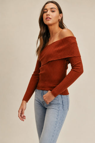 Lara Rust Ribbed Off-The-Shoulder Sweater Top - Side View