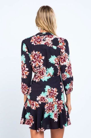 Valley Girl Black Floral Print Button-Down Mini Dress - Short Floral Dresses Back View