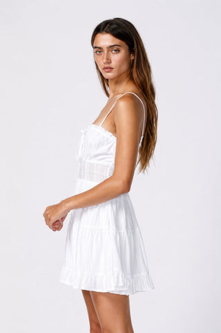 White bustier mini dress with cami straps and tiered ruffle skirt - Side view