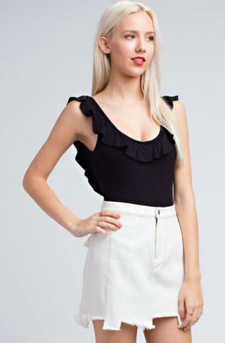 black ribbed knit bodysuit with ruffle trim