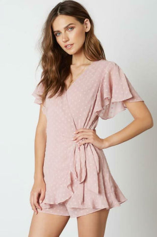 Mauve Swiss dot wrap romper with ruffle sleeves