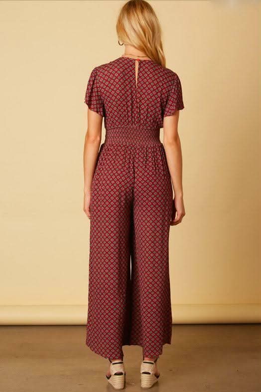 Bella Mia Burgundy Print Jumpsuit a wide leg jumpsuit