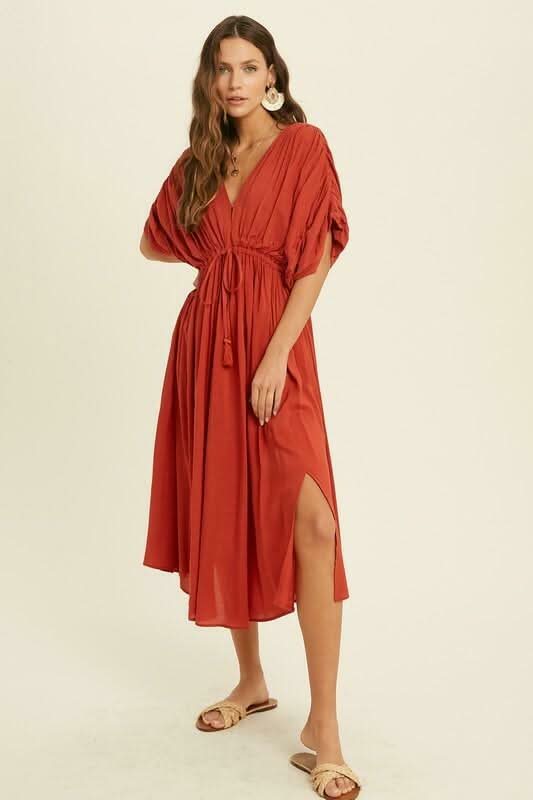 Brick Red Midi Dress - V-Neck Dolman Puffy Sleeves | Wishlist | S Brick Red Midi Dress - V-Neck Dolman Puffy Sleeves | Wishlist | S