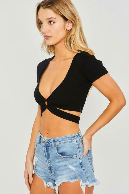 Black Short Sleeve Crop Tops