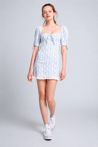 Tory White and Blue Floral Puff Sleeve Mini Dress - Outfit View