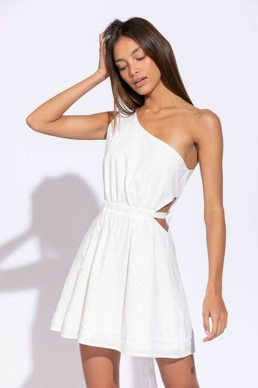 White Eyelet Lace One Shoulder Dress - Mini Dress | Boho Pink White Eyelet Lace One Shoulder Dress - Mini Dress | Boho Pink
