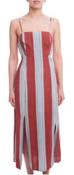 Illusion Red Striped Midi Dress with double slits and cami straps