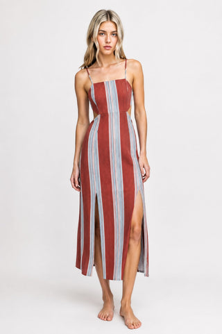 Illusion Red Striped Midi Dress - Model View