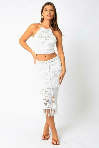 Salty Sun White Knit Halter Lace-Up Midi Dress Set - Front View