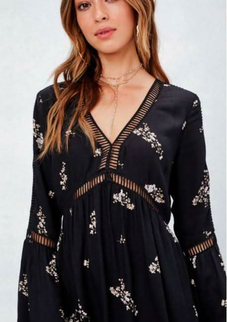 Black Long Sleeve Floral Mini Dresses