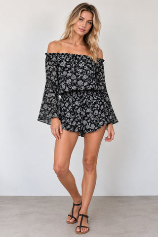 Brenda Black and White Floral Off-the-Shoulder Romper - Outfit View