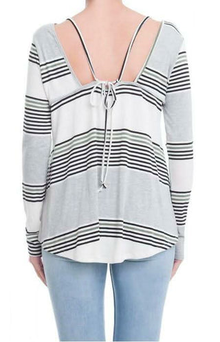 Back view of Aubrey Olive Striped Long Sleeve Top with tie detail
