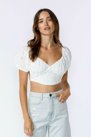 White Eyelet Backless Puff Sleeve Crop Top 