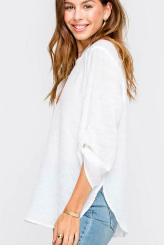 Just In Time White Roll Tab Sleeve Top - Side View