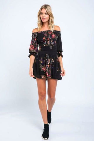 Black floral off shoulder dress with booties