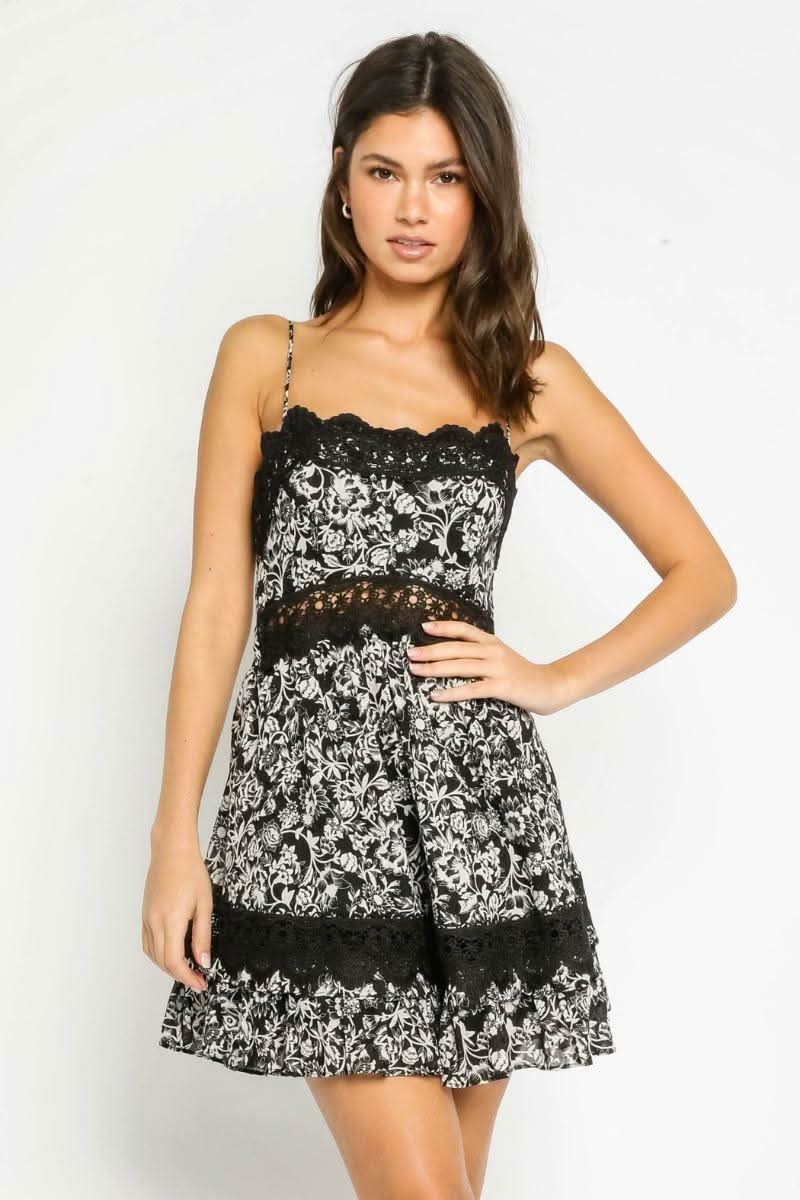 Olivaceous Black Floral Fit & Flare Mini Dress Size M Lace Neckline Olivaceous Black Floral Fit & Flare Mini Dress Size M Lace Neckline