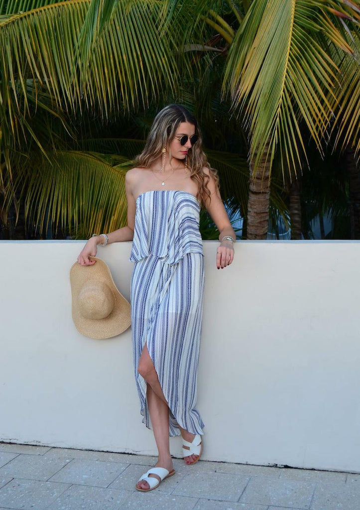 White and Blue Print Strapless Overlay Maxi Dress