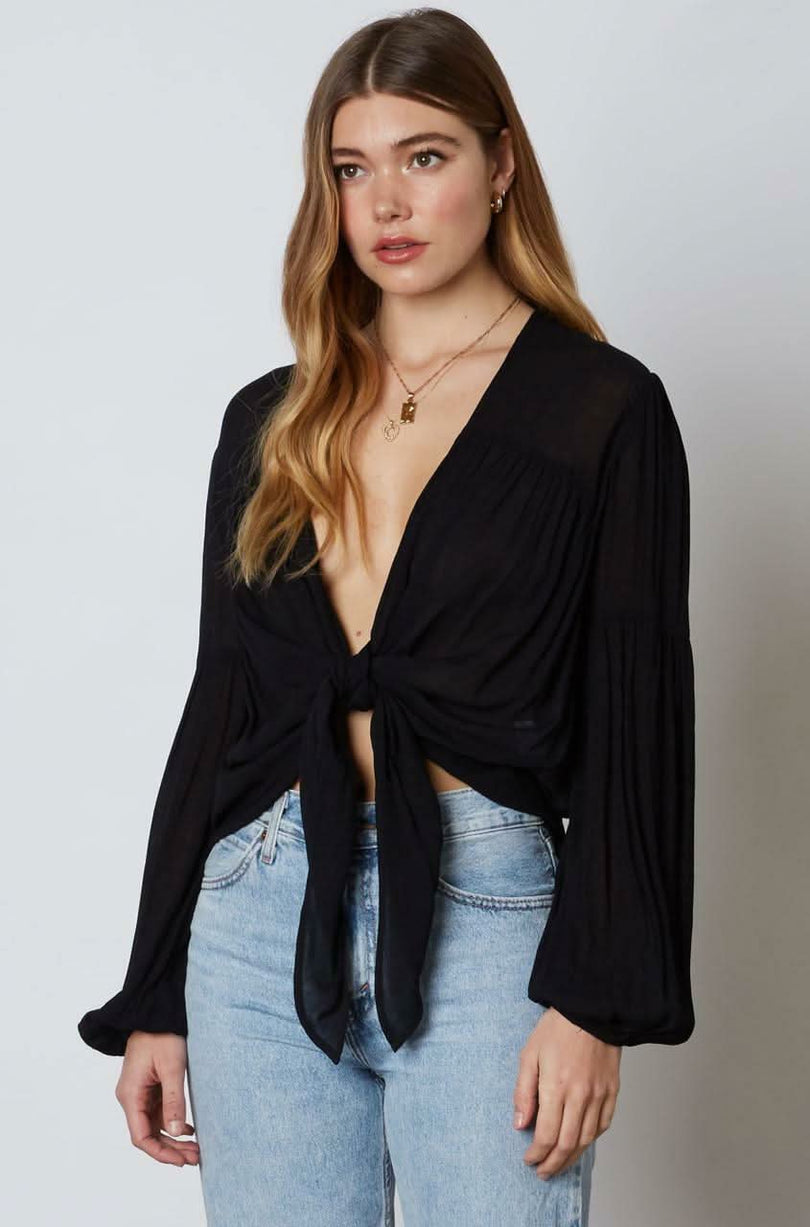 Gia Black Long Sleeve Tie-Front Crop Top -  BohoPink