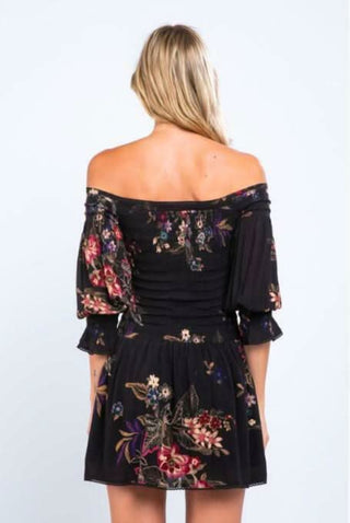 Black floral dress with puff sleeves back view