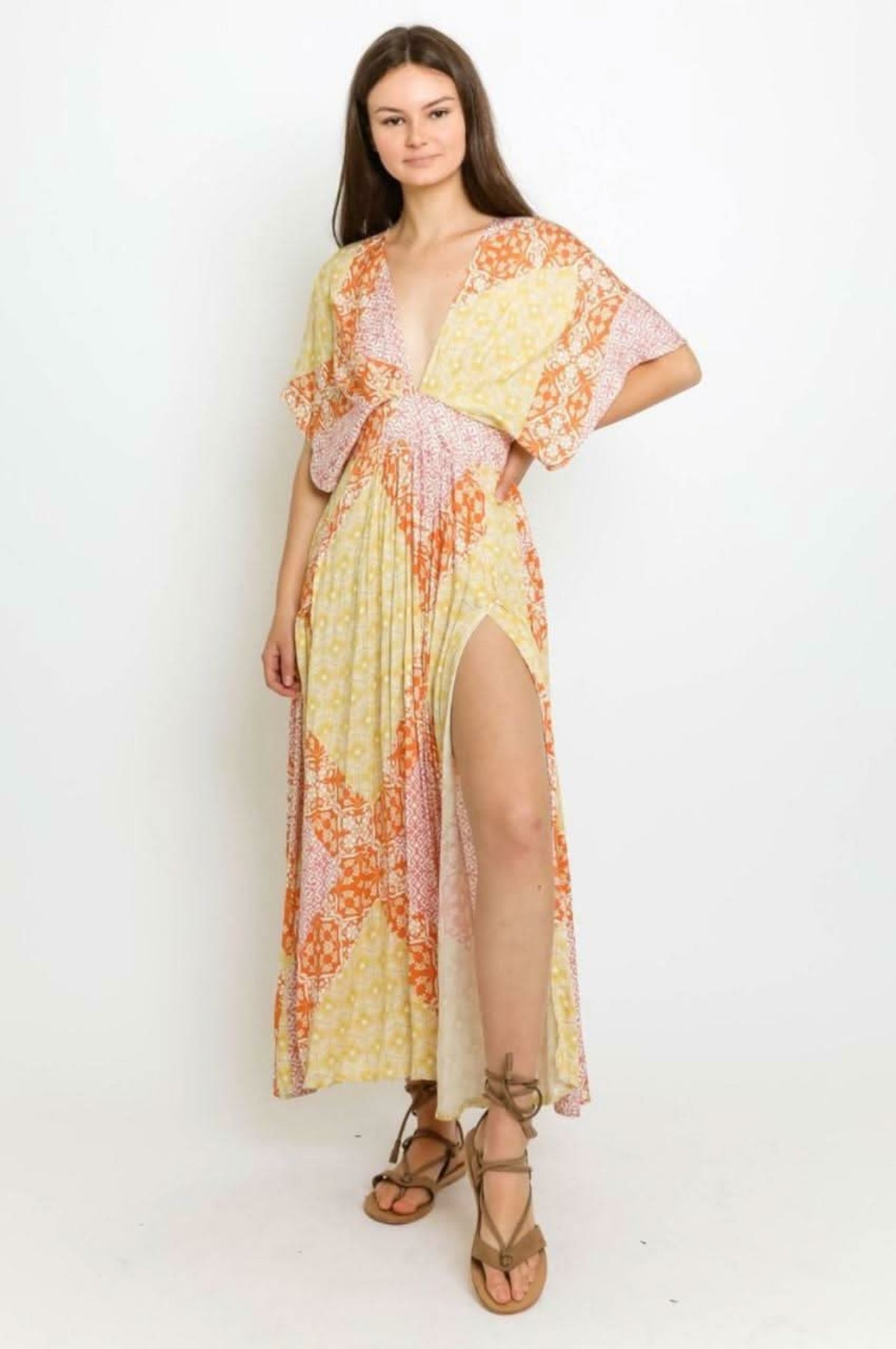 Olivaceous Sevi Yellow Multi Floral Print Maxi Dress - Size M - Paisley Florals - Plunge Neckline - Dolman Sleeves