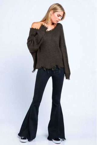 Lexi Olive Green Ripped Sweater -  Full View