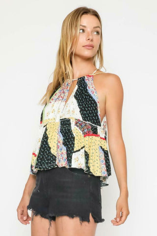 Summer Bliss Navy Patchwork Print Ruffle Halter Top side