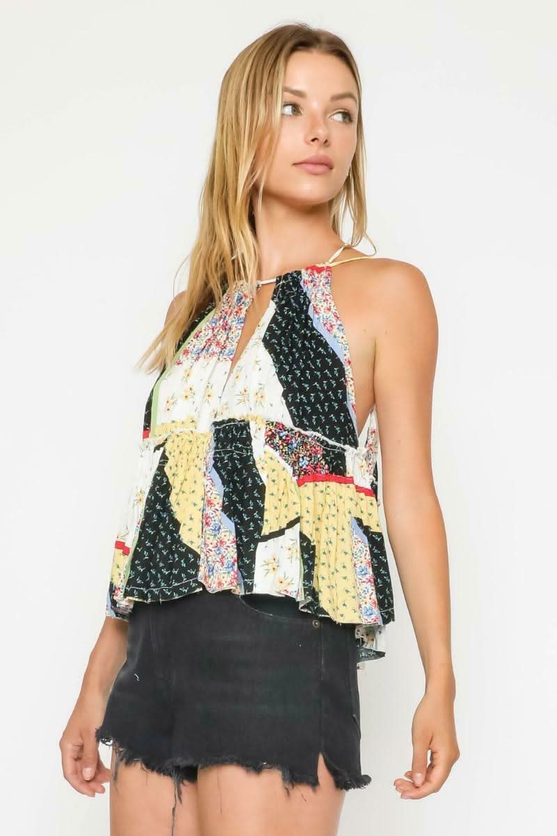 Navy Patchwork Print Top