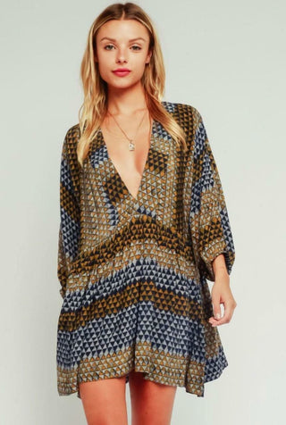 Rachel Indigo and Gold Plunge Swing Dress front view