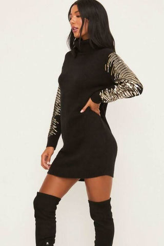 Kiara Black Long Sleeve Turtleneck Sweater Dress - Side View