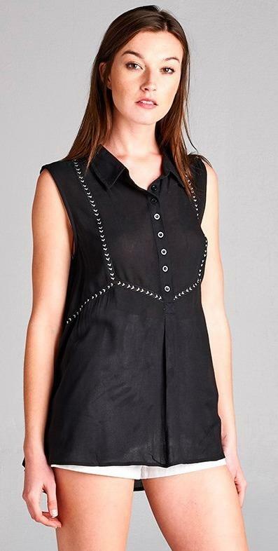 Black Sleeveless Shirt with Button Front
