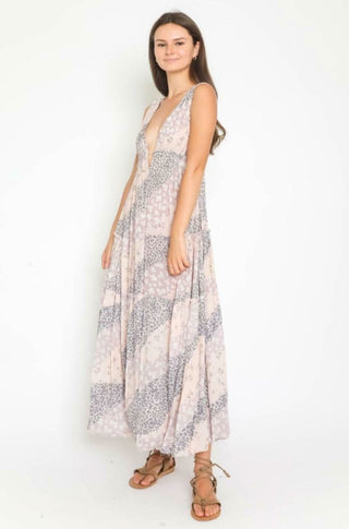 Rania Blush and Grey Print Plunge Maxi Dress - Front View